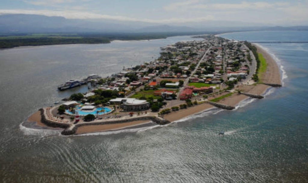 Aerial view of Puntarenas cruise port peninsula on Costa Rica's Pacific coast